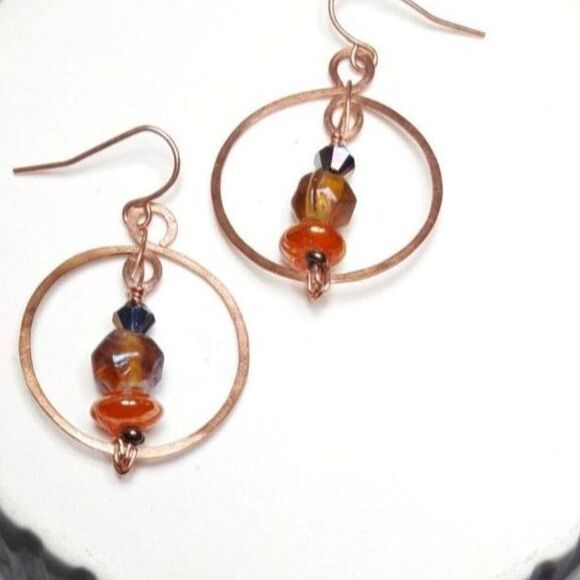boho earrings 063#mfs Czech glass earrings beaded wire wrapped copper hoop dangl - Picture 1 of 5